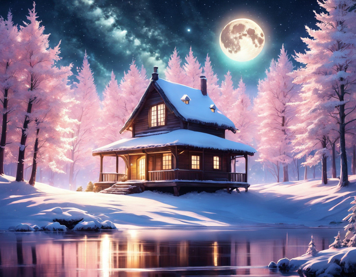 Serene Winter Moonlit Landscape in Digital Art