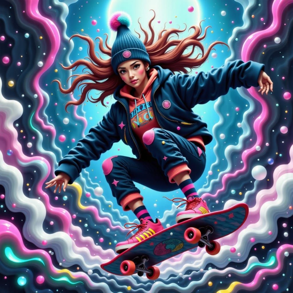 Skater in Mid-Air with Neon Checkered Background