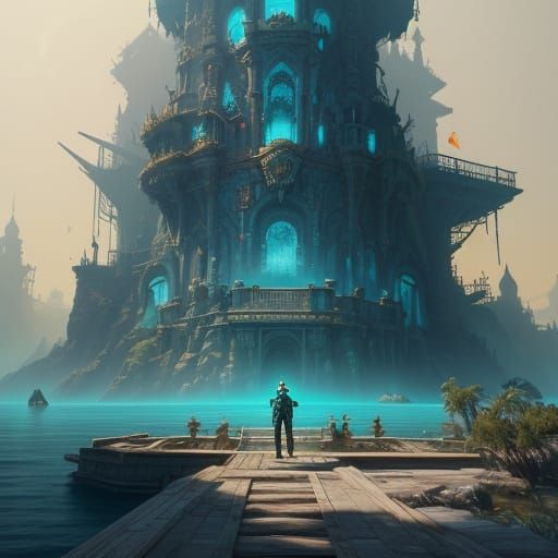 Pirate Captain in Water Palace with Majestic Architecture