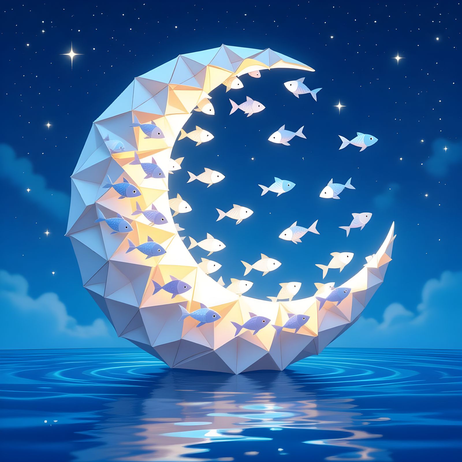 Origami Moon Formed by Swimming Fish in Starry Night