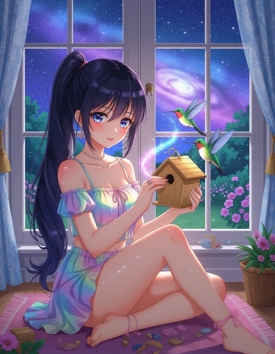 Dreamy Manga Girl Crafts Birdhouse in Galaxy Garden