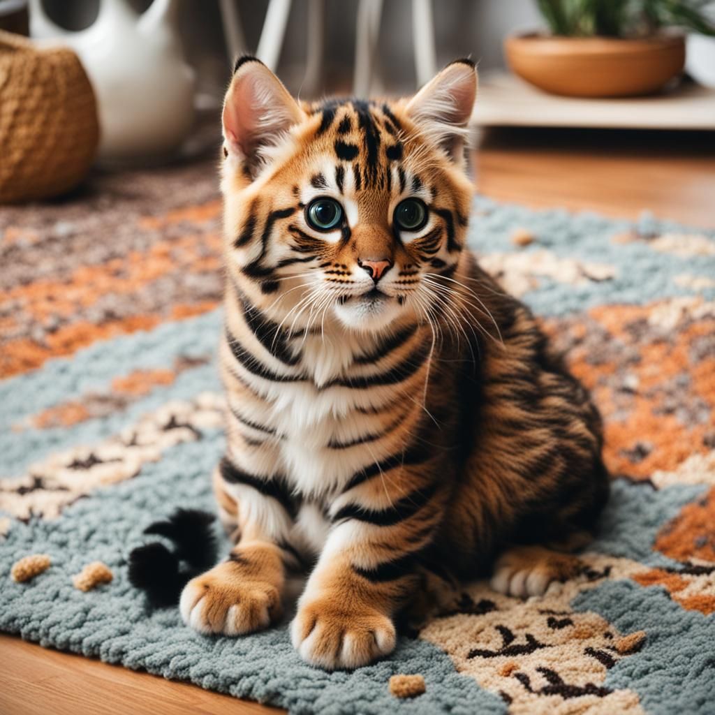 Cute Tiger Cat Sitting Happily on Rug