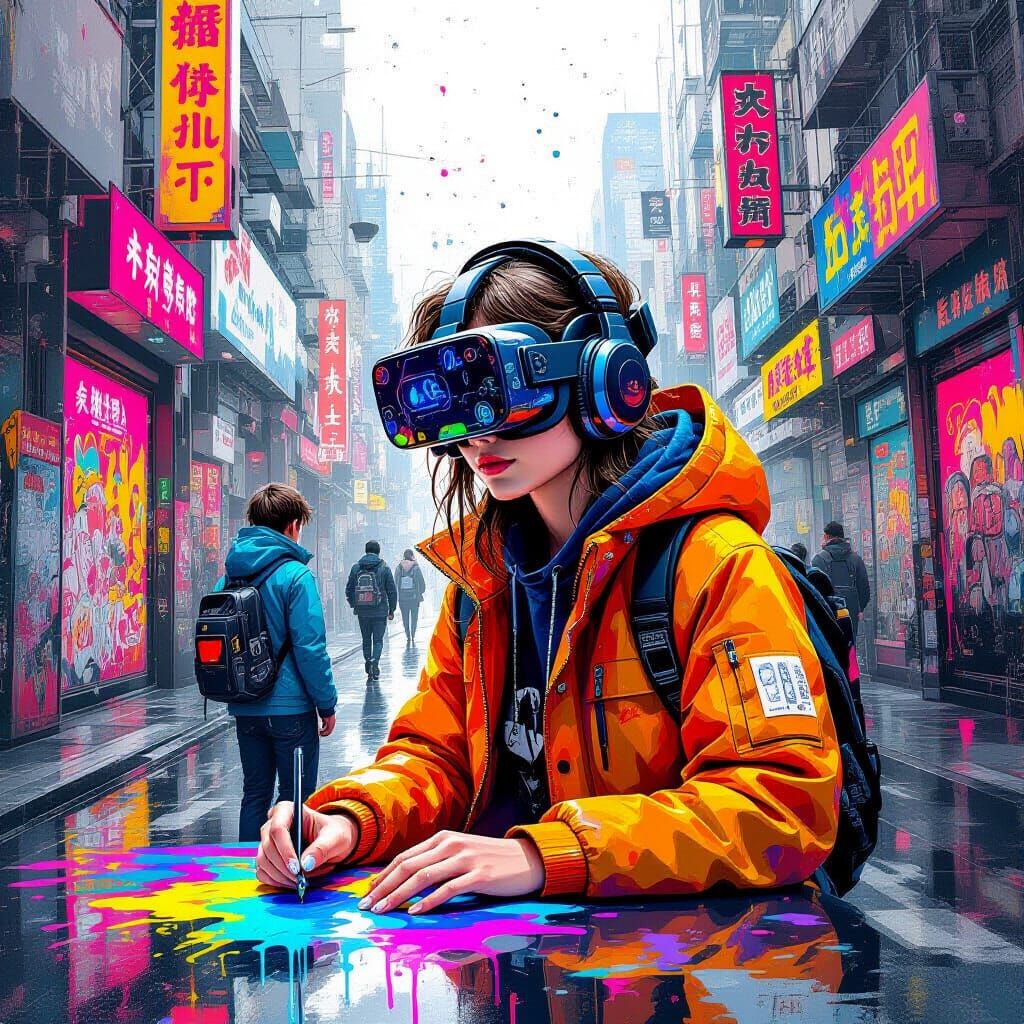 Youth Embracing AI: Vibrant Polychromatic Streetscape