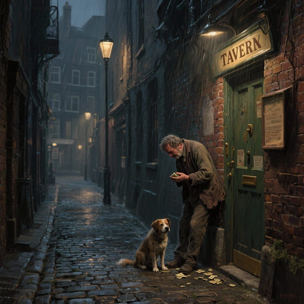 Man Begging in London Alleyway Oil Painting