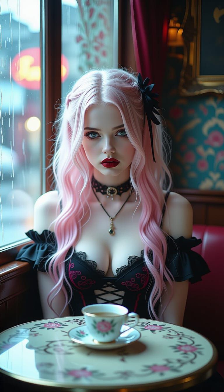 Melancholic Gothic Woman in Cafe, DSLR Photography