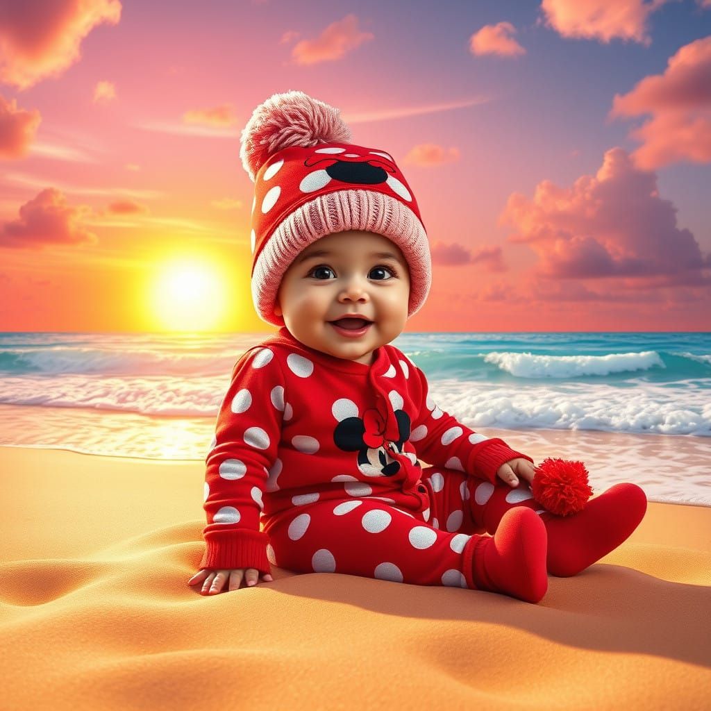 Minnie Mouse Girl Enjoys Beach Sunrise in Vibrant Whimsy