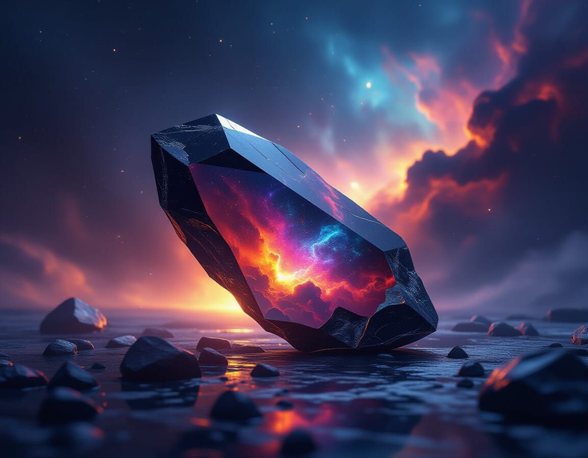 Obsidian Shard Reflecting Cosmic Nebula
