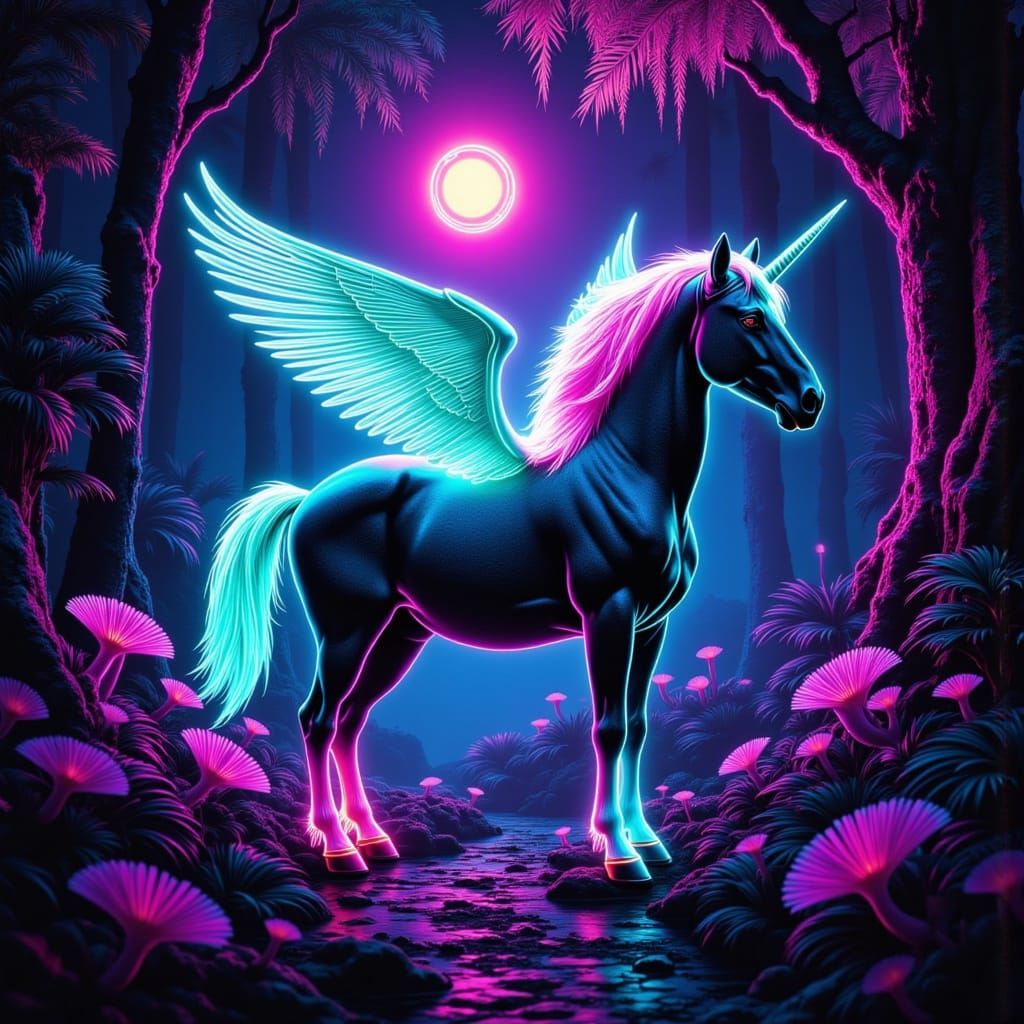 Pegasus in Neon Forest with Glowing Wings