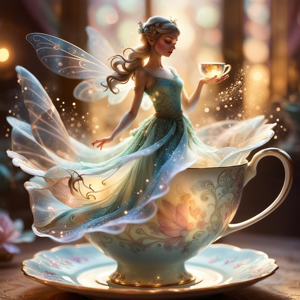 Fairy Dances in Teacup: Hyperrealistic Concept Art