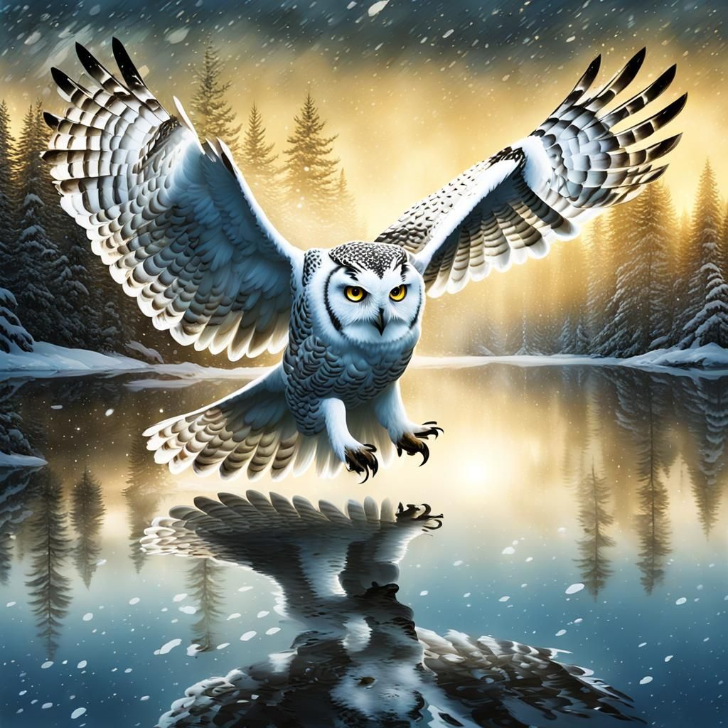 Snow Owl Flight Over Moonlit Lake