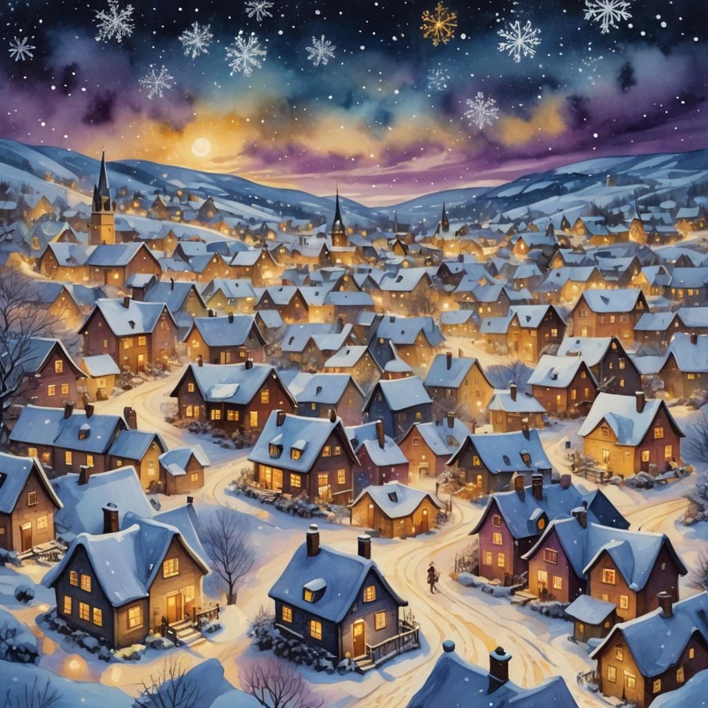 Snowy Village at Night in Oil and Watercolor