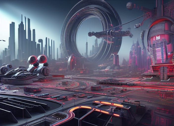 Retrofuturistic Cityscape with Robots and Flying Cars