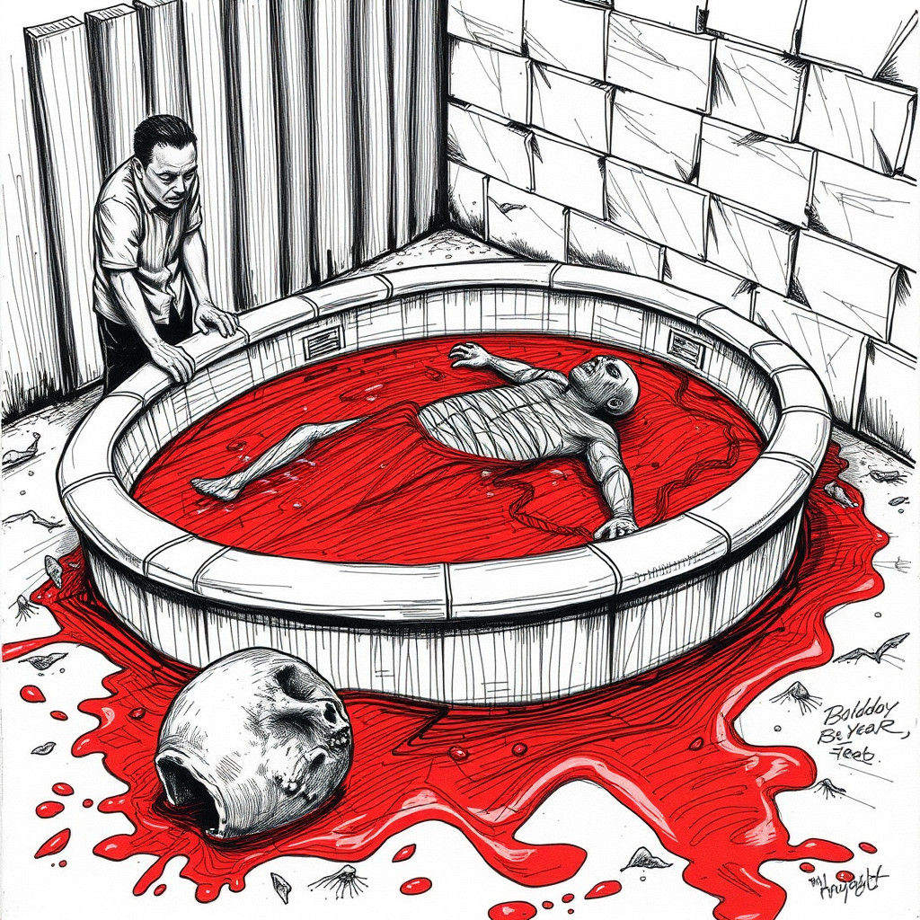 Disturbing Poolside Scene in Scratchy Pen Style
