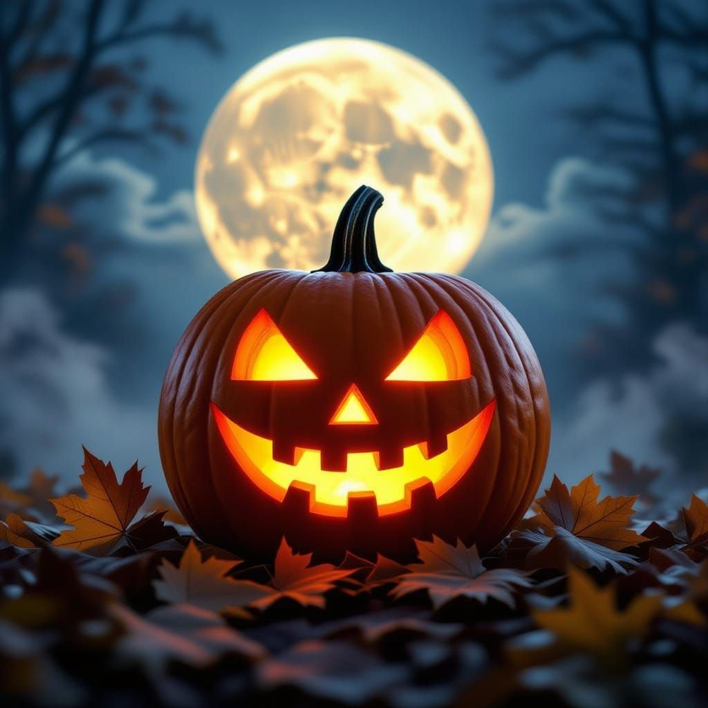 Menacing Jack-o'-Lantern Under Full Moon