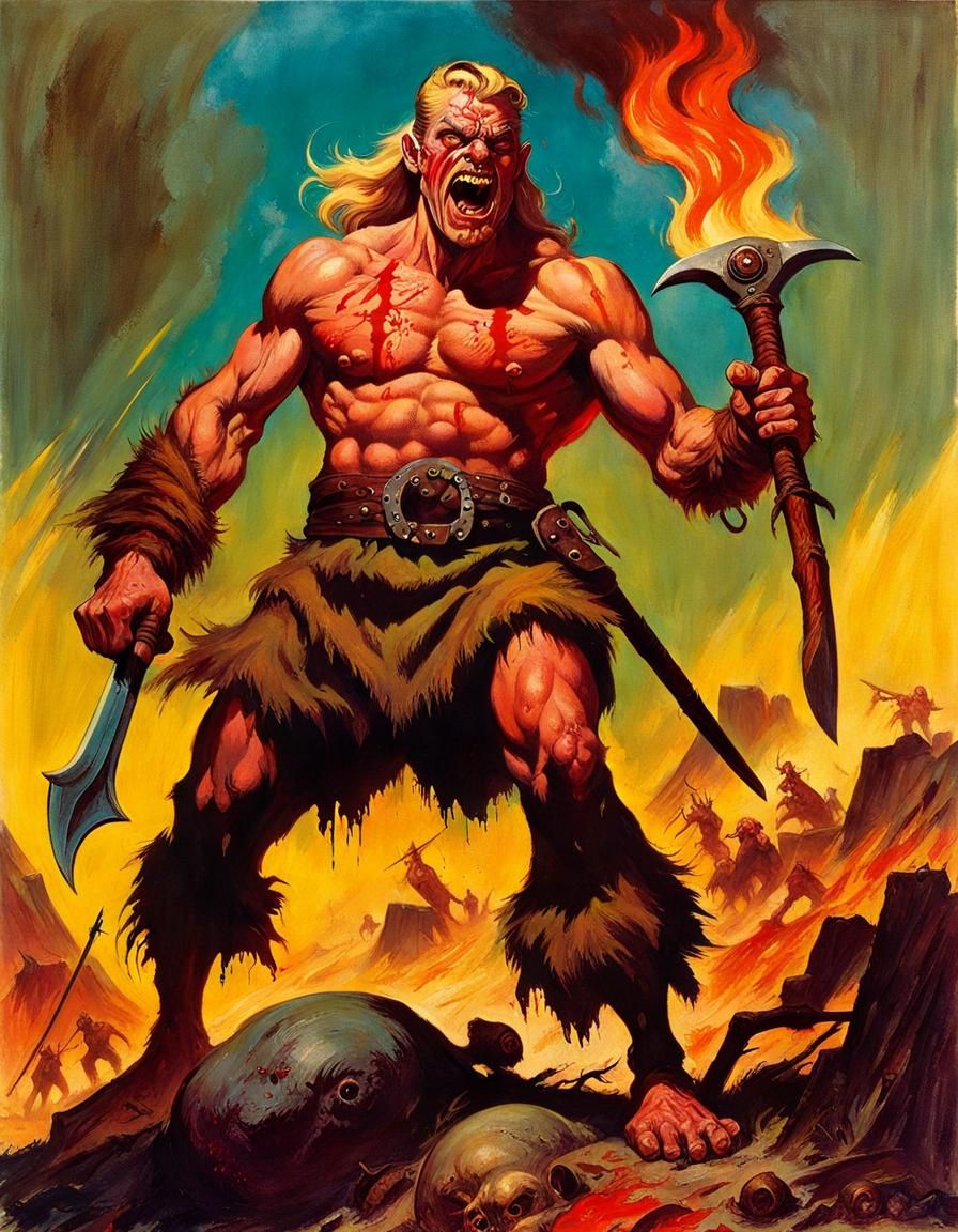 Zombie Viking Berserker Overlooking Burning Village