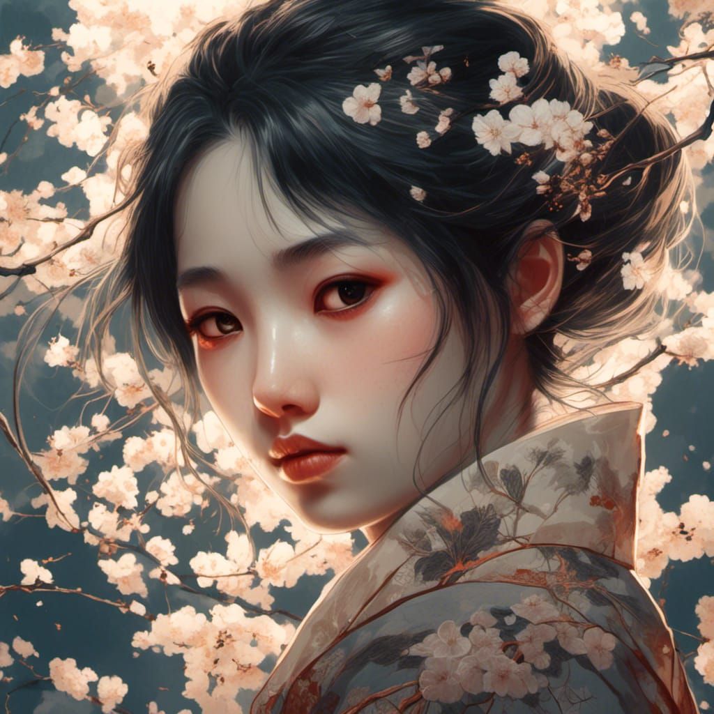Expressive Portrait with Gold and Cherry Blossoms