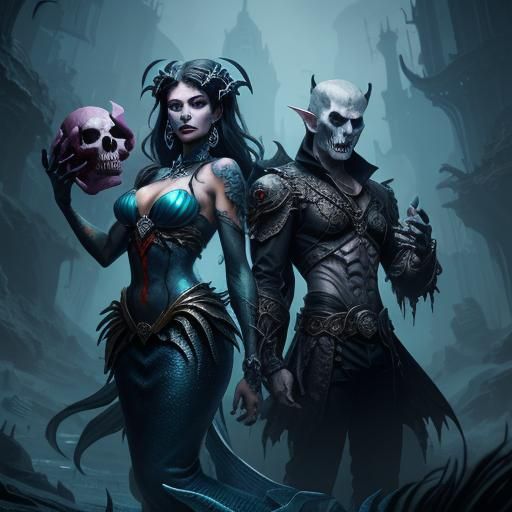 Mermaid and Vampire Play with Skulls: Detailed Fantasy Art
