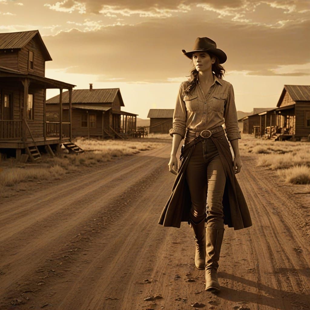Annie Walking in Sepia-Toned Western Landscape