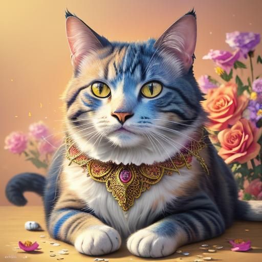 Regal Cat Surrounded by Flowers: Hyperrealistic Concept Art