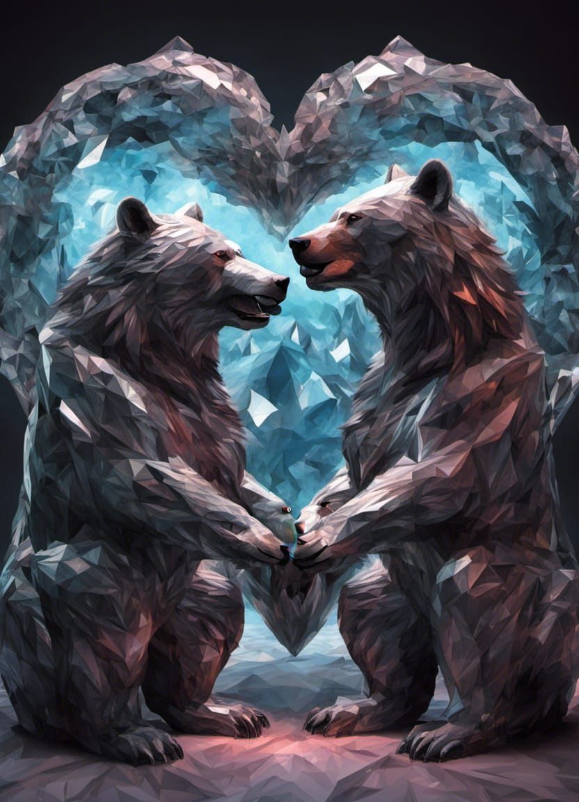 Bear and Wolf with Crystal Heart, Digital Art