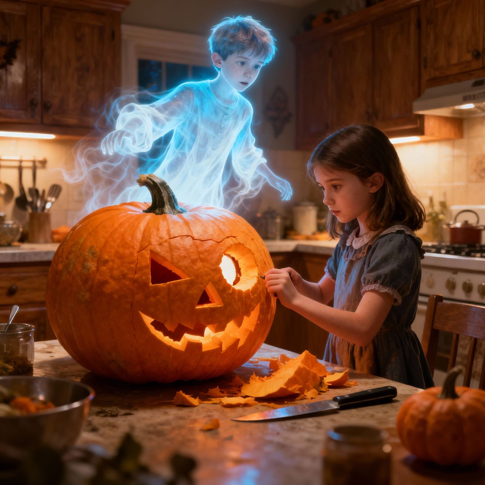 Girl Carves Jack-o'-Lantern With Ghostly Apparition