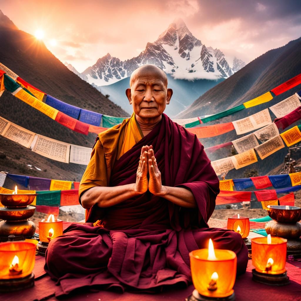 Monk in Mandala Art with Buddha and Prayer Flags