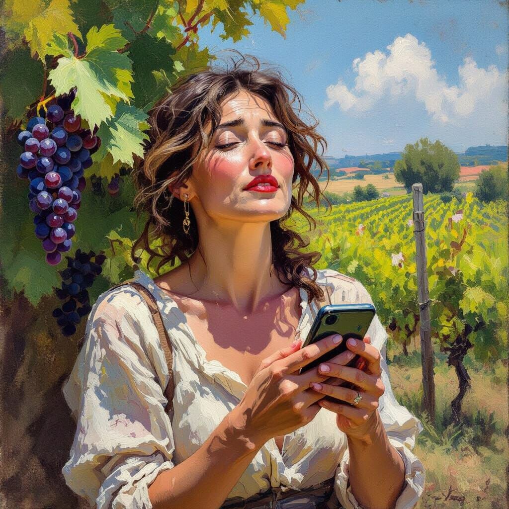 Euphoric Woman With Grapes in Impressionistic Vineyard