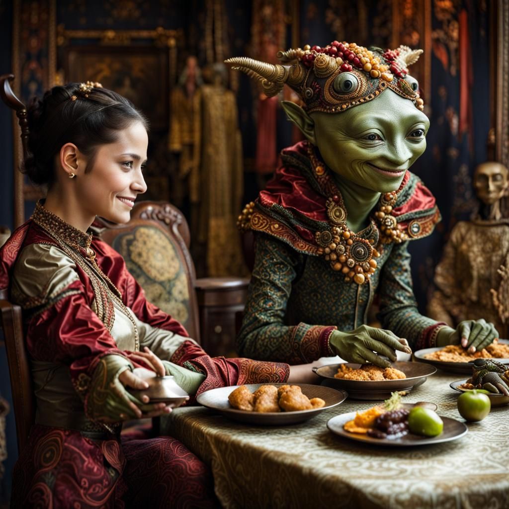 Surreal Restaurant Scene with Exotic Aliens
