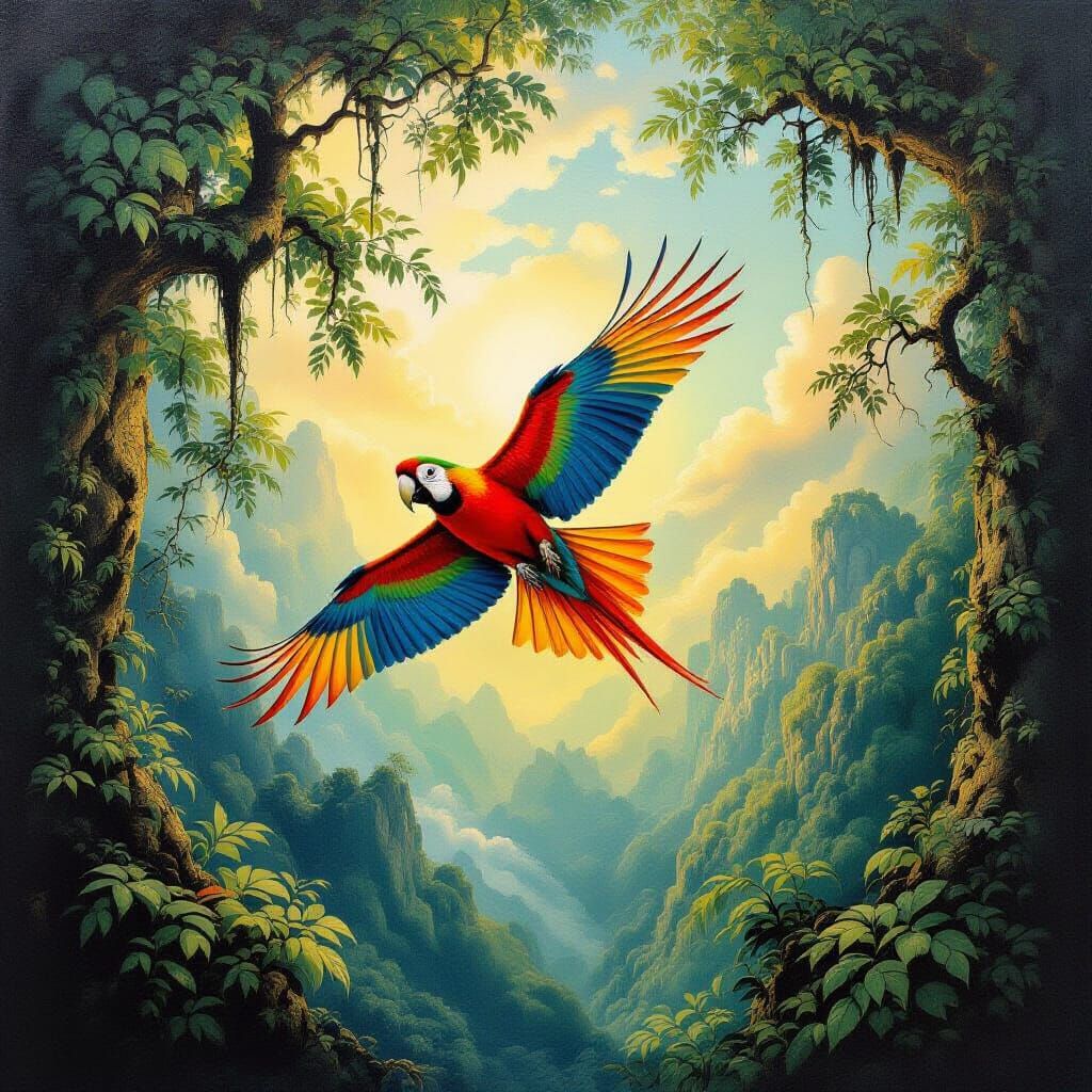Surreal Parrot Flying Through Canopy, Dali-Inspired Art