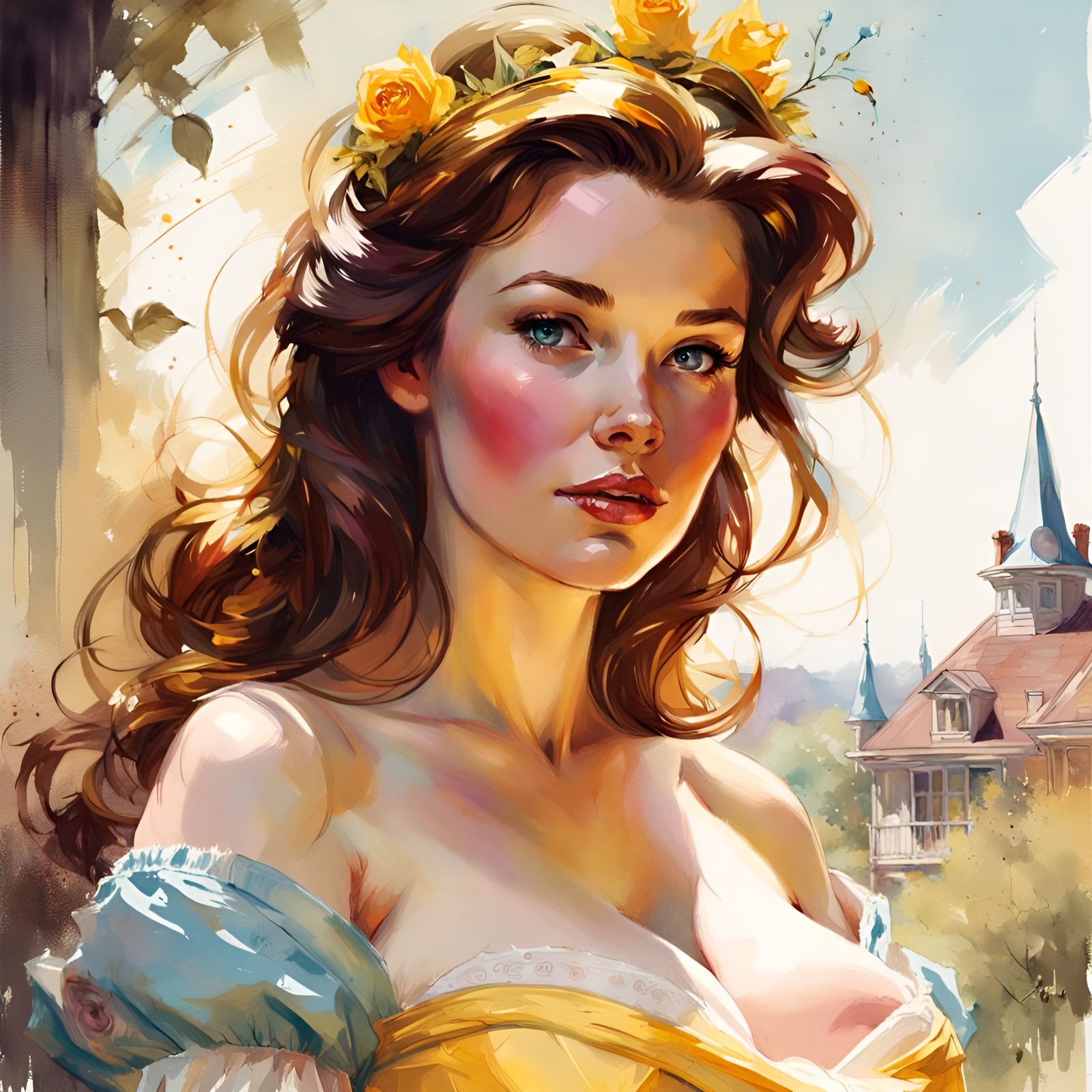 Pregnant Princess Belle Portrait, Pin-Up Art Style