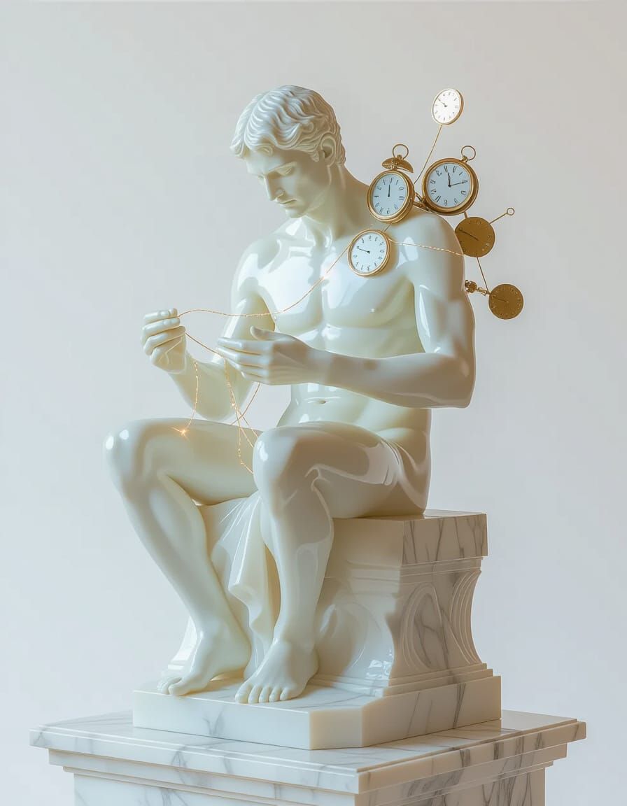 Surreal Alabaster Statue: The Man Who Untangles Time