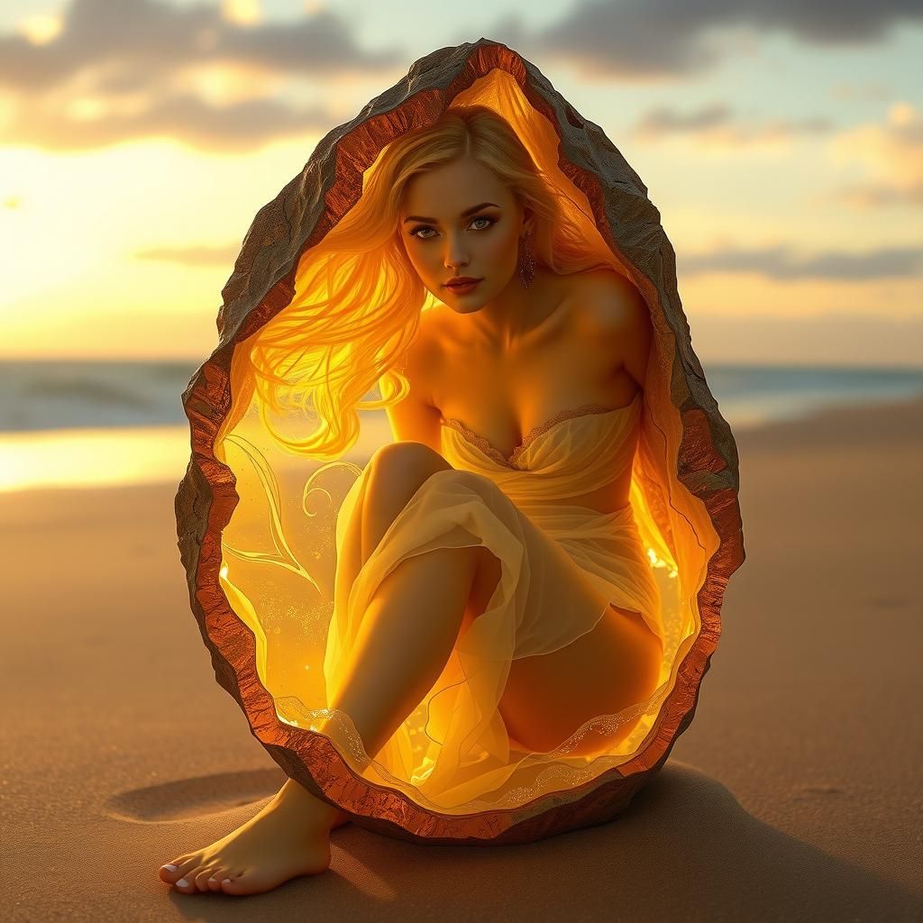 Woman Frozen in Amber Stone on Beach
