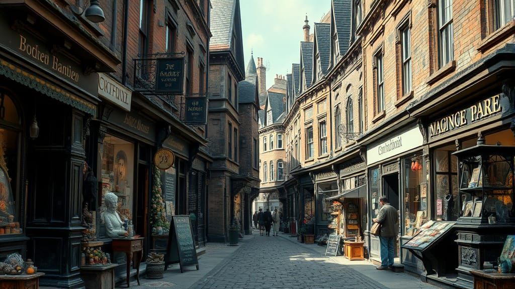 Victorian Street Scene of Whimsical Shopfronts