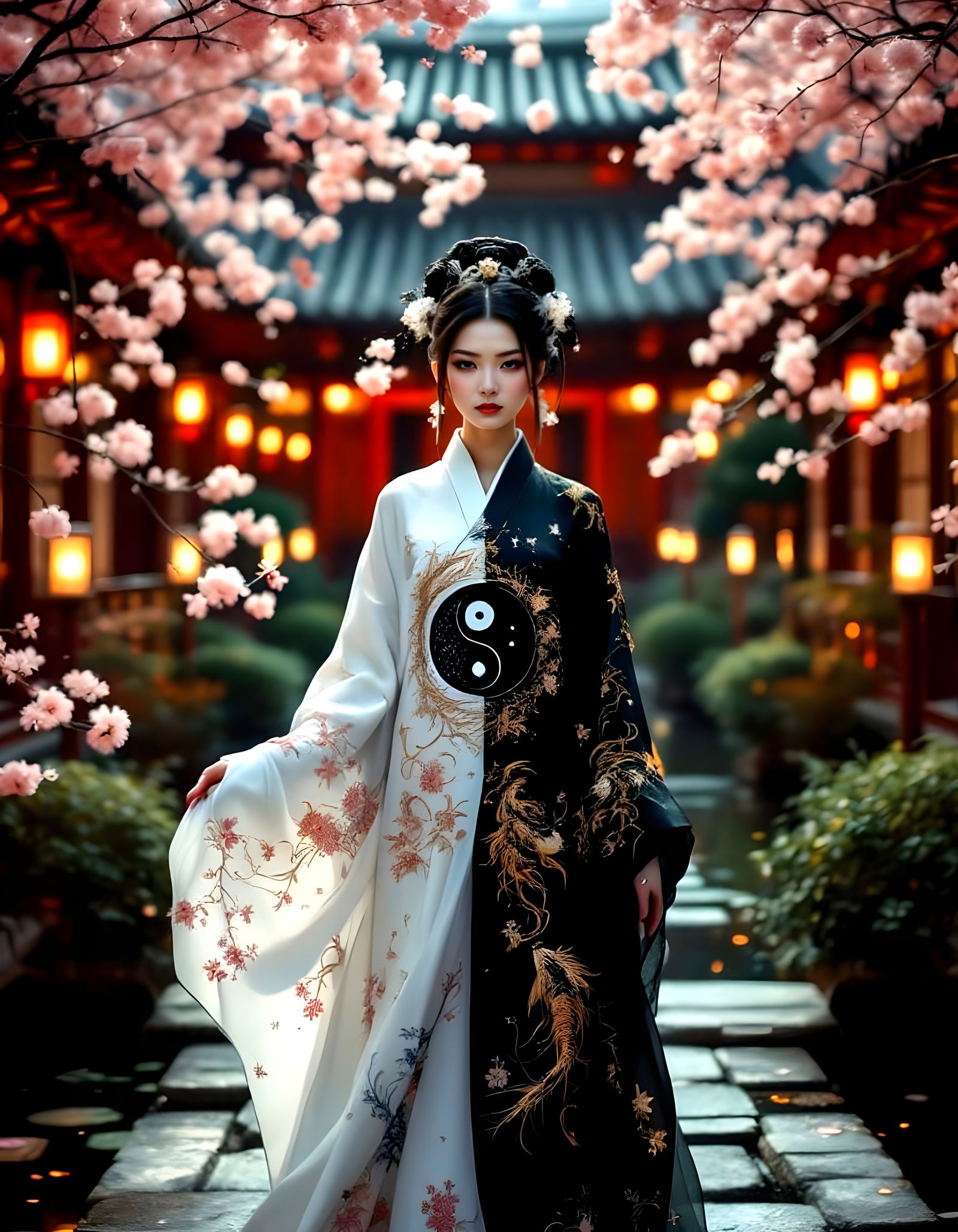 Ukiyo-e Baroque Punk Hanbok Woman in Courtyard Garden