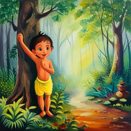 Chota Bheem in Forest: Impressionist Watercolor Masterpiece