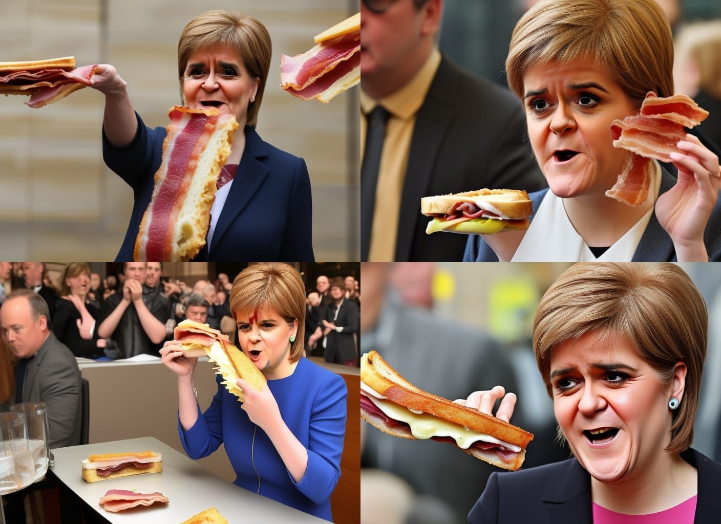 Enthusiastic Eater Devouring a Vertical Bacon Sandwich