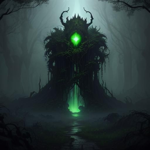 Ominous Gloomroot in Mist-Shrouded Realm: Matte Painting