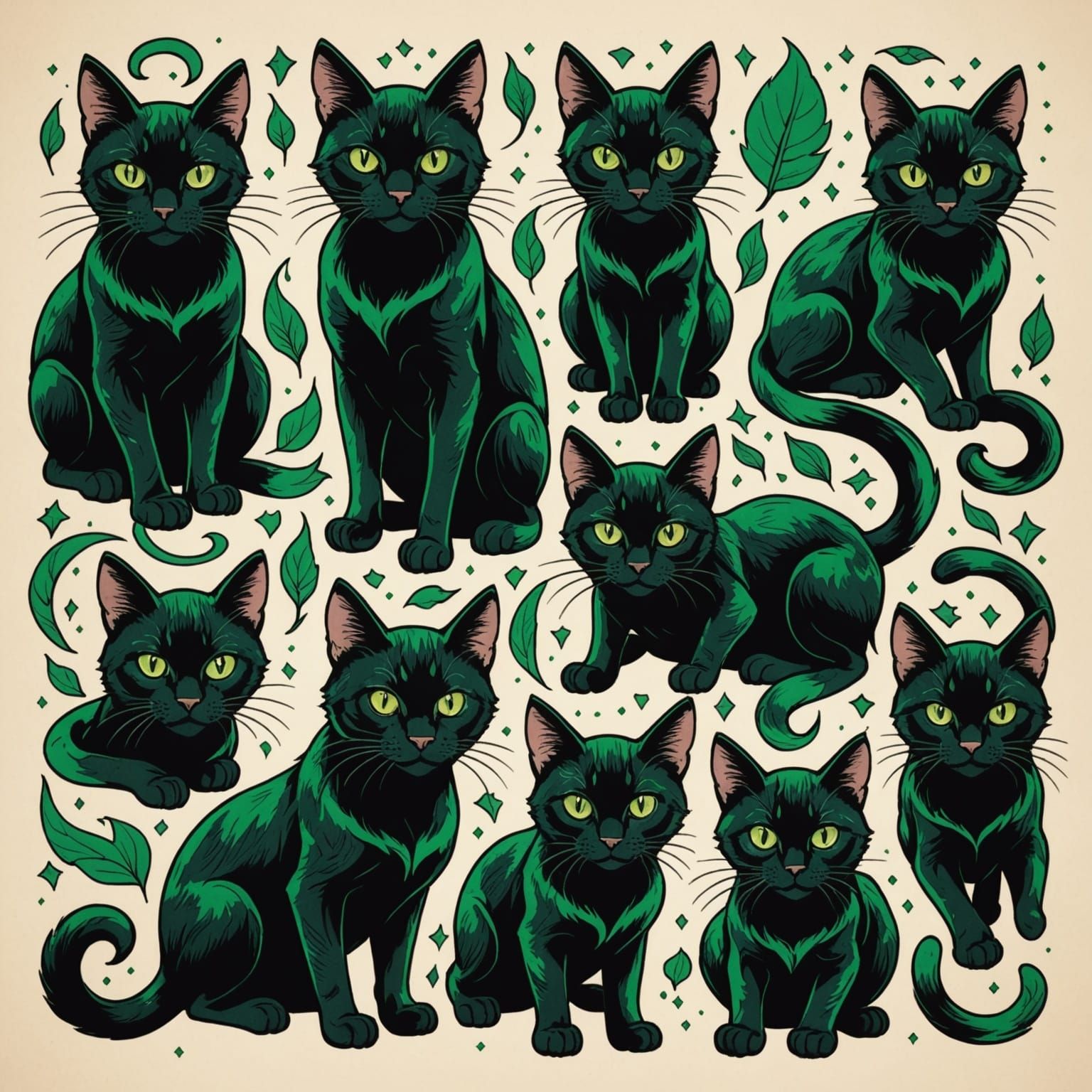 Flash Tattoo Sheet of Fierce Black Cats