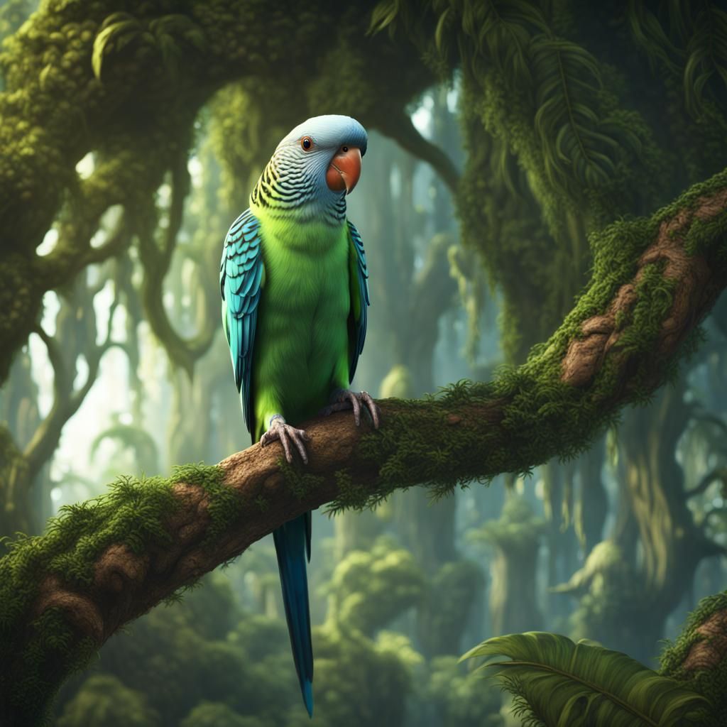 Parakeet in Jungle Tree: Detailed Matte Painting