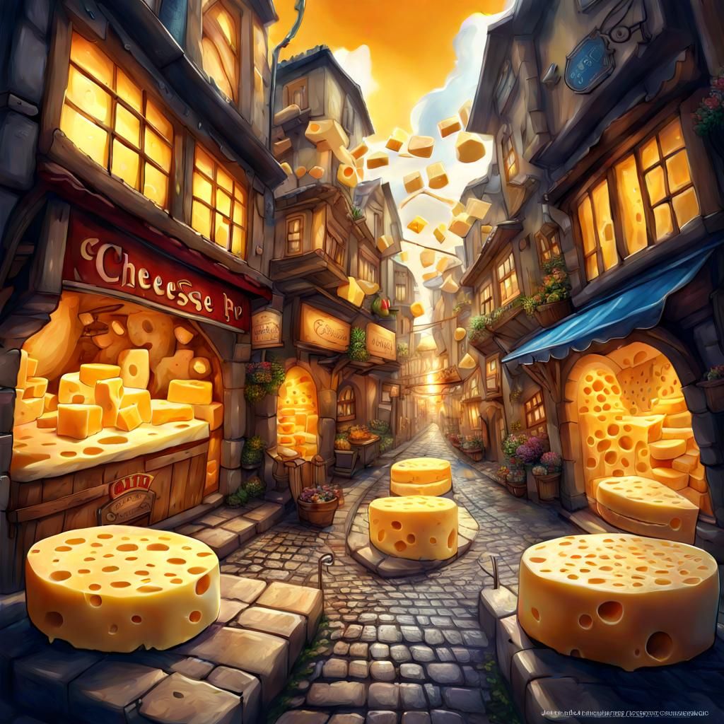 Fantastical Cheese City Street: Detailed Anime Illustration