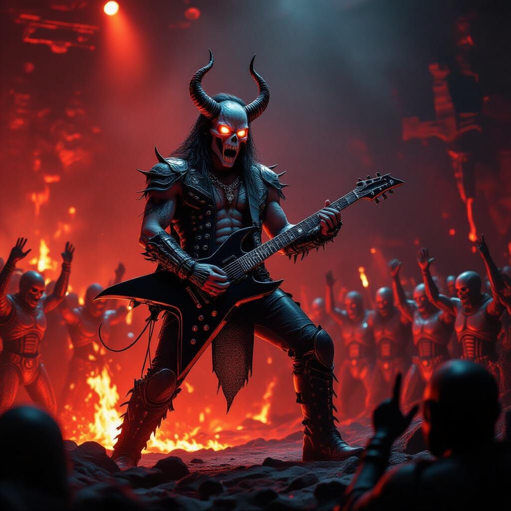 Heavy Metal Band on Lava Stage with Cyborgs and Demons