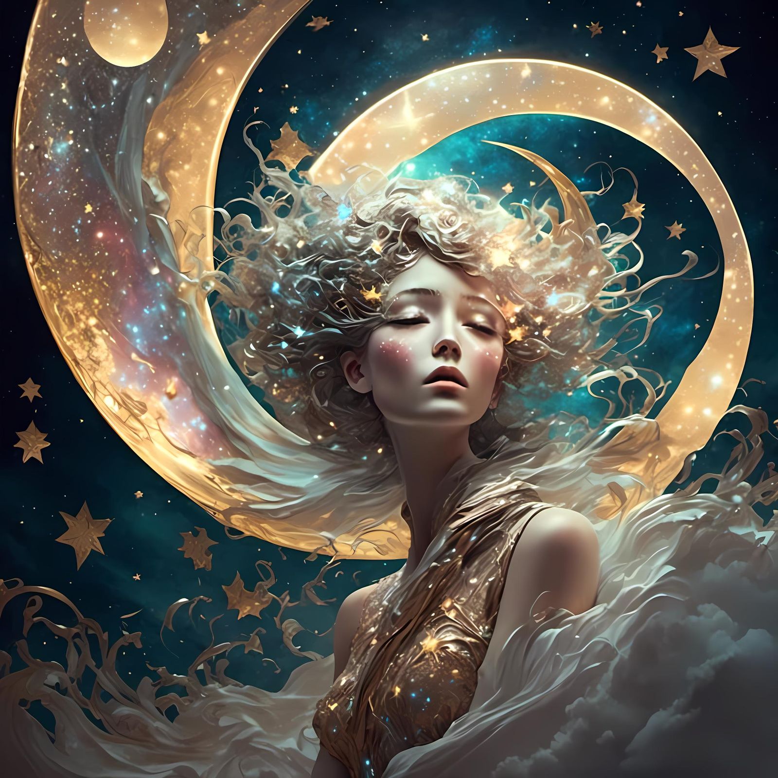 Ethereal Woman on Crescent Moon in Fairy Fantasy Style