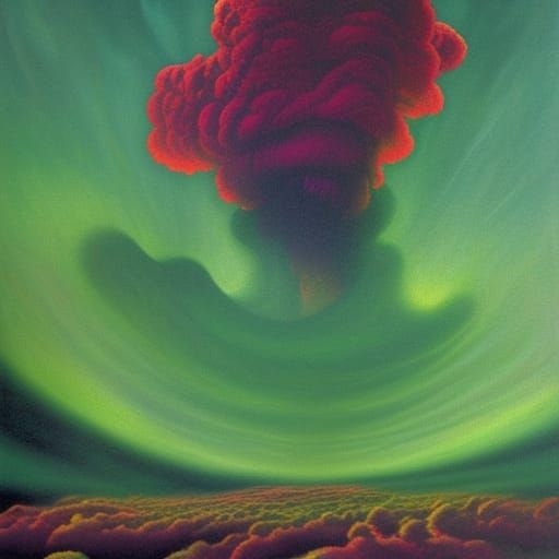Red Mushroom Cloud Explosion in Matte Painting Style