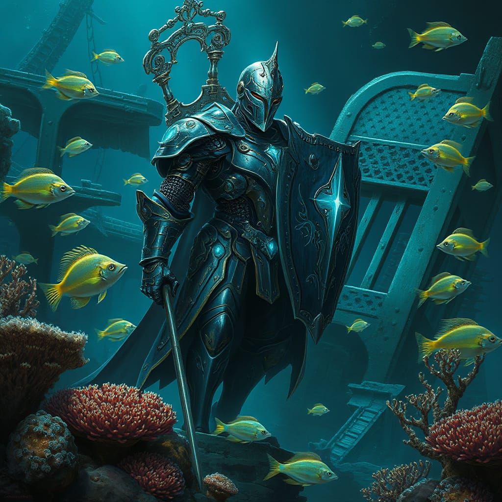 Cyberpunk Knight Triumphs Amidst Sunken Wreckage