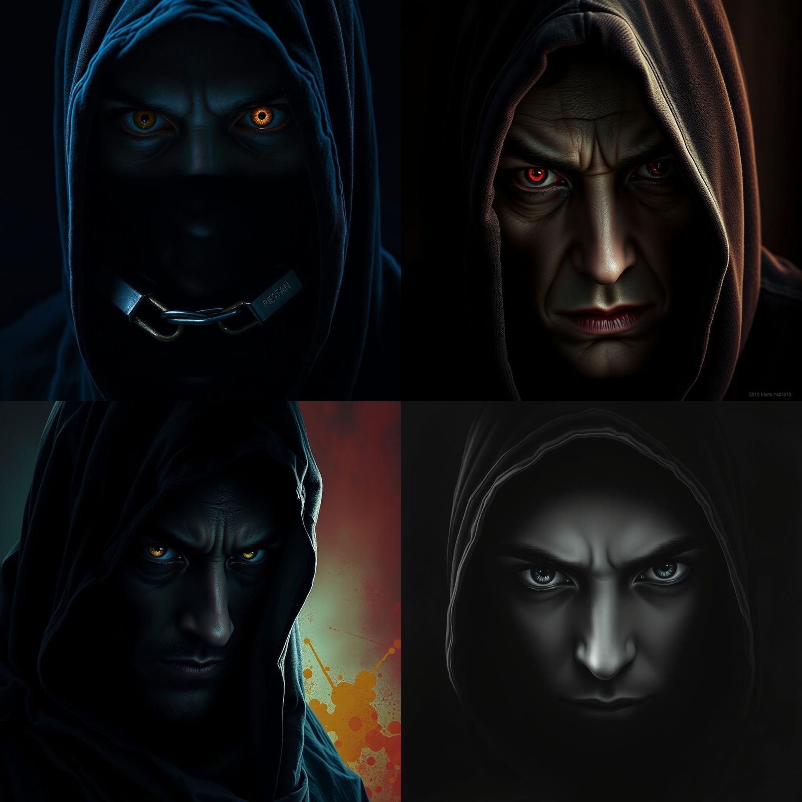 Monochrome Hooded Figure in Shadows: Horror Poster Art