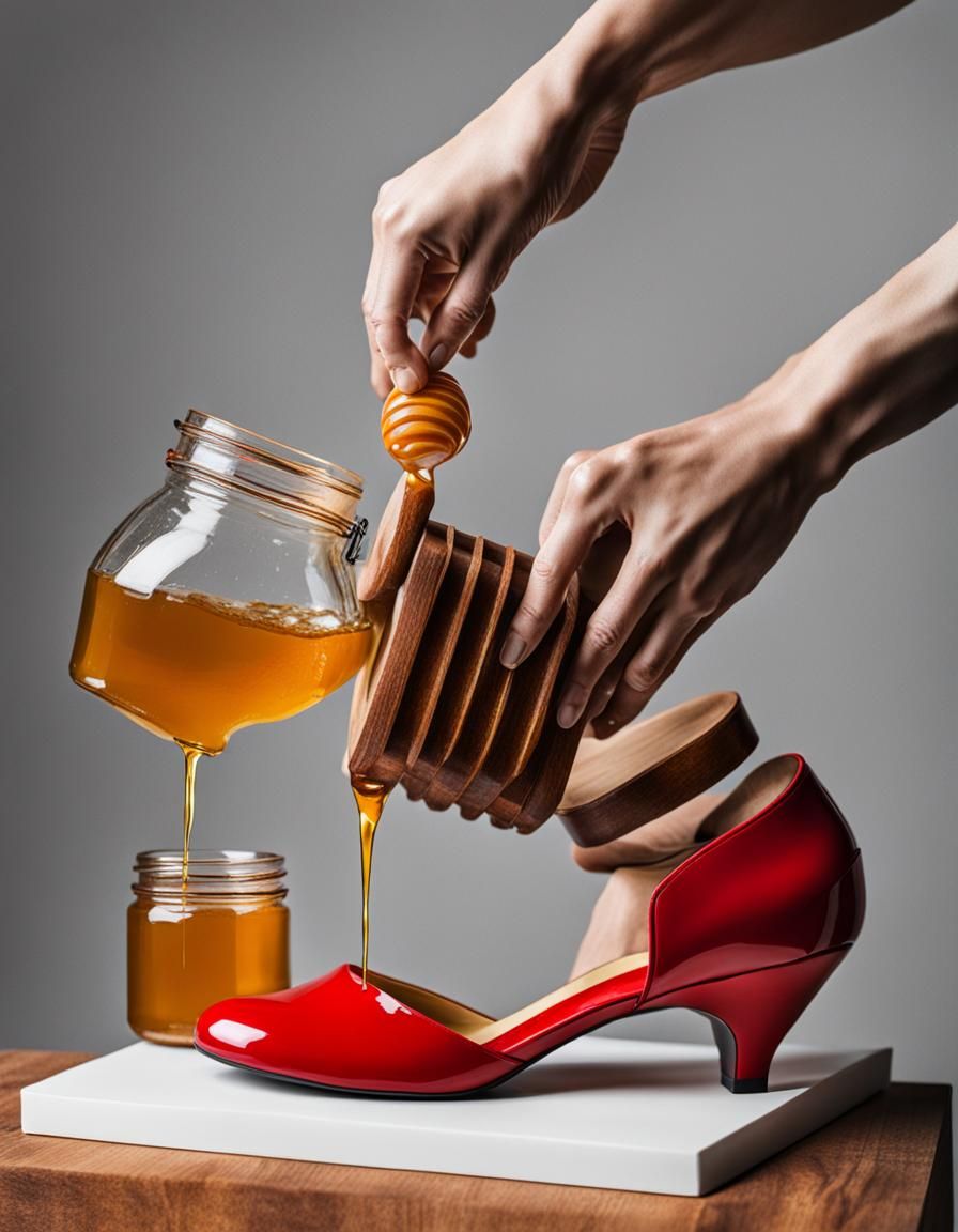 Honey Pouring on Red High Heel Shoe
