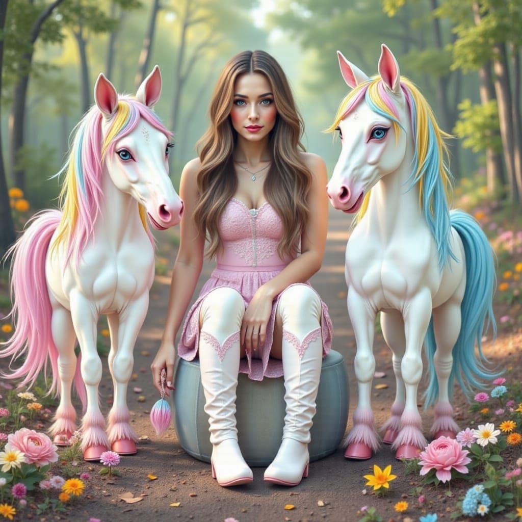 Whimsical Woman With Pastel Horses and Playful Boots