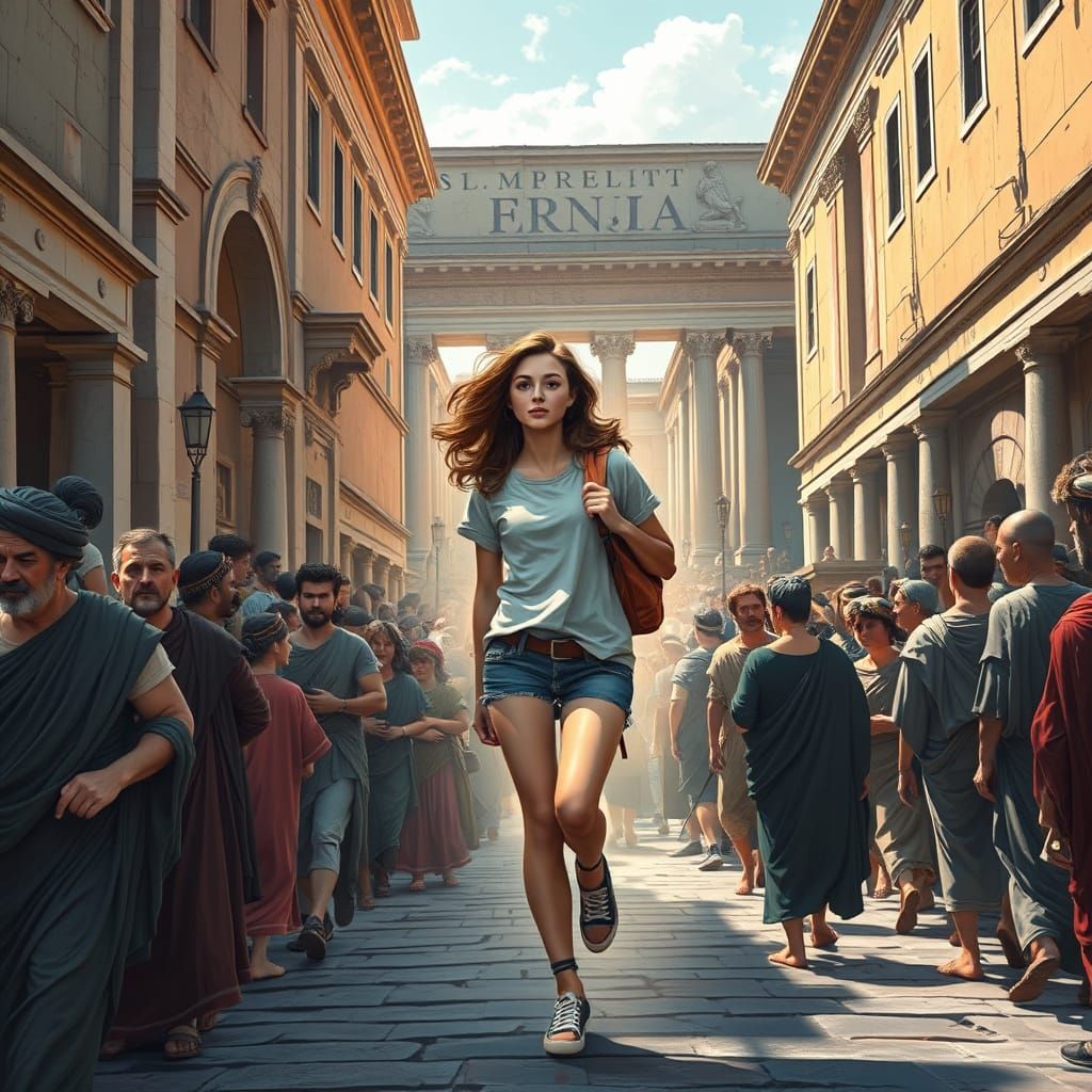 College Student's Roman Portal Adventure in Realistic Style