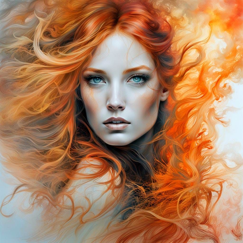Vibrant Swirling Orange Smoke Envelops a Beautiful Woman