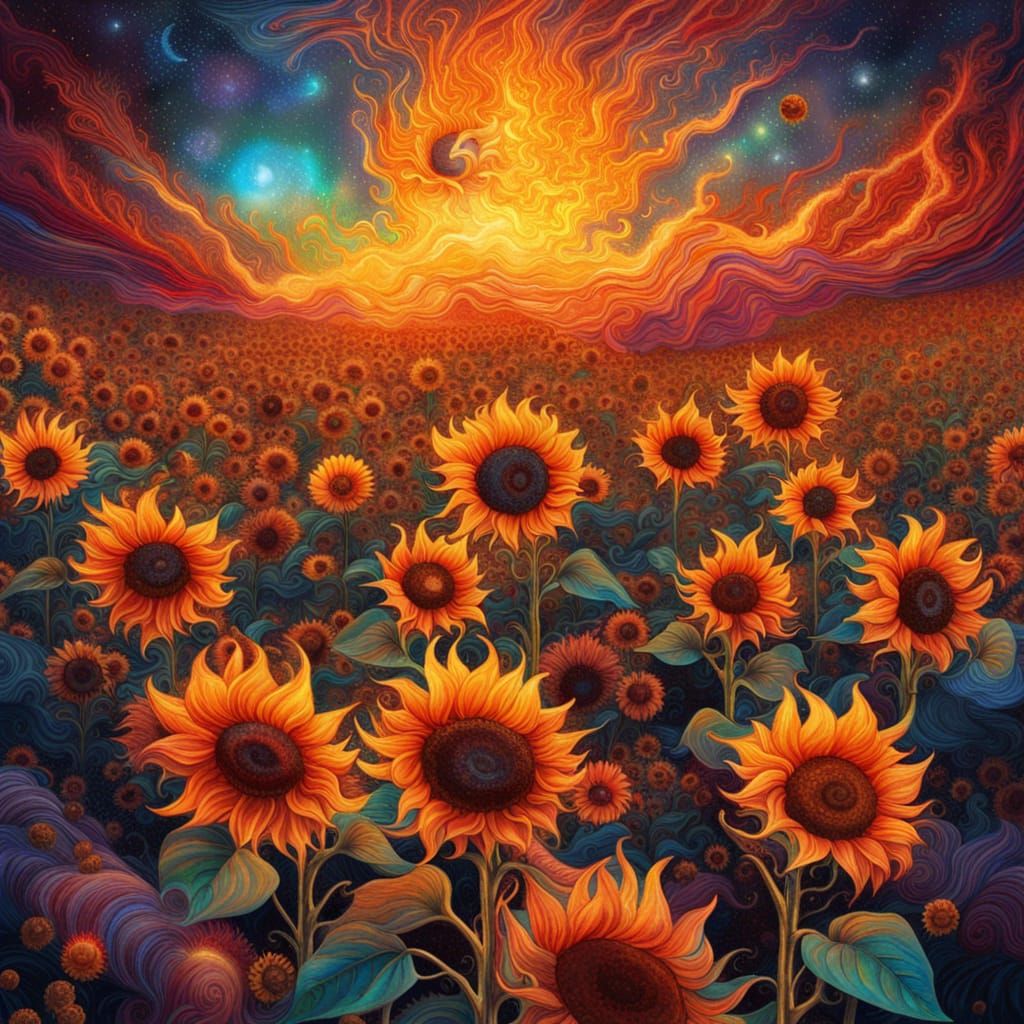 Dancing Sunflowers in Fiery Astral Landscape